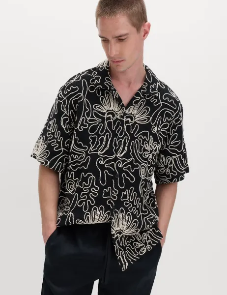 Marks & Spencer Cotton Blend Embroidered Short Sleeve Shirt Black Mix