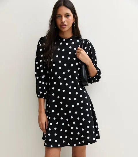 New Look Women's Black Polka Dot High Neck Balloon Sleeve Mini Dress