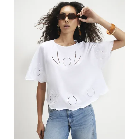 River Island Cotton Embroidered Cutwork T-Shirt