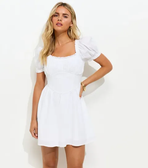 Women's Petite White Lace Trim Milkmaid Corset Waist Mini Dress