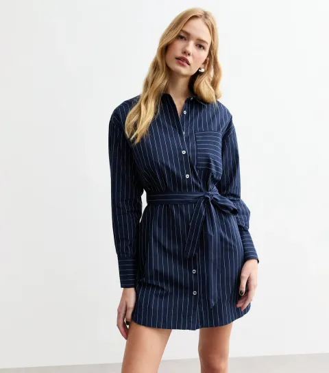 Women's Navy Pinstripe Poplin Mini Shirt Dress