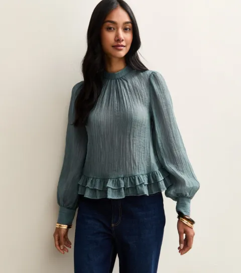 Women's Blue Crinkle Texture High Neck Peplum Blouse