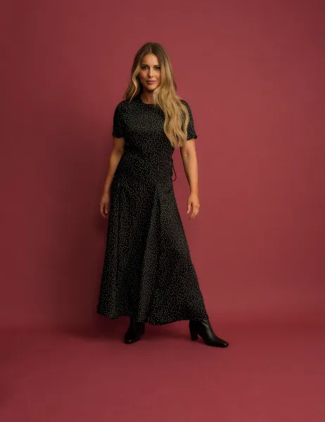 Polka Dot Round Neck Tie Detail Midi Tea Dress Black Mix