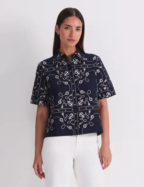 Sportscraft Linen Rich Printed Blouse Navy