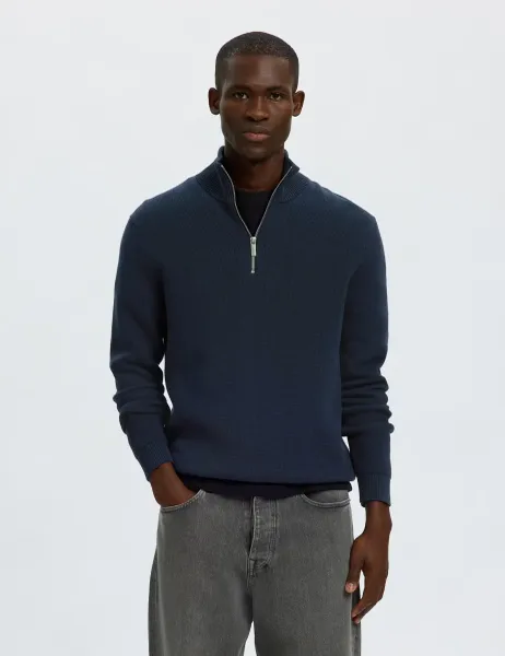 Selected Pure Cotton Textured Half Zip Jumper Navy