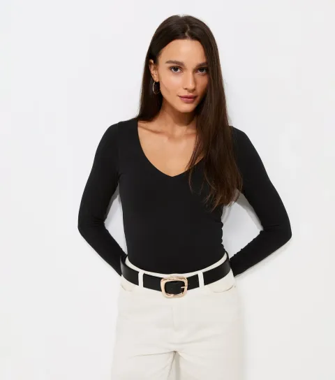 New Look Women's Black Cotton Rich Long Sleeve V-Neck Bodysuit