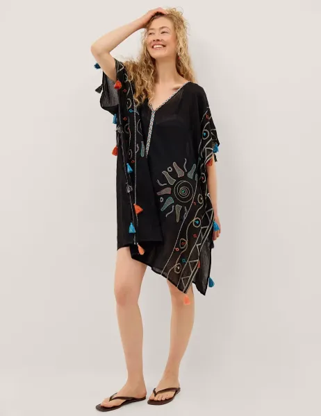 Monsoon Pure Cotton Embroidered Beach Cover Up Kaftan Black