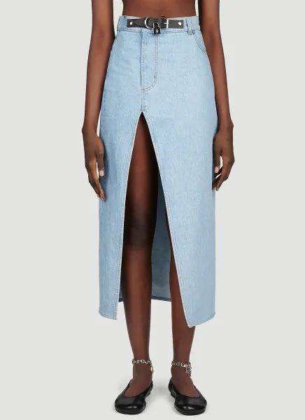 Padlock Strap Long Slit Denim Skirt