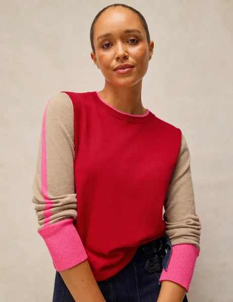White Stuff Cotton Rich Colour Block Jumper with Wool Red Mix