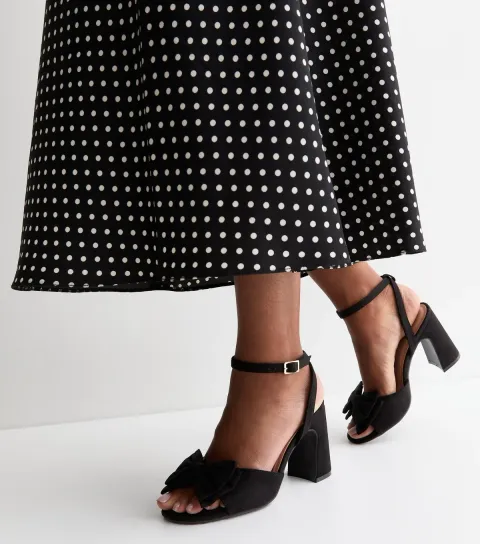 Women's Wide Fit Black Faux Suede Bow Block Heel Sandals Vegan