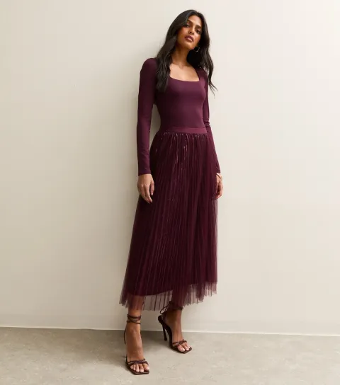 Women's Burgundy Sequin Tulle Midi Skirt