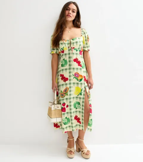 Women's Petite White Fruit Print Slit Hem Midi Dress