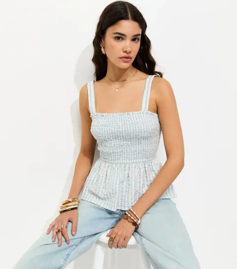 New Look Women's Blue Cotton Striped Seersucker Shirred Cami Top