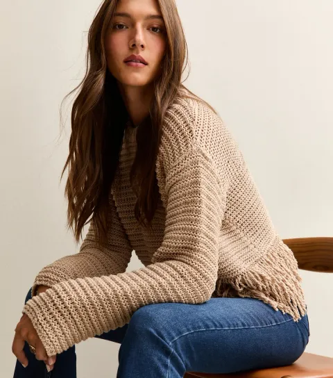 New Look Women's Camel Heavy Knit Fringe Hem Jumper