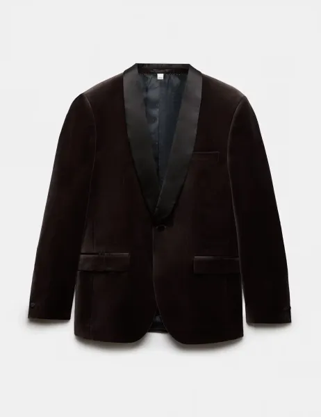 Marks & Spencer Pure Cotton Velvet Shawl Lapel Single Breasted Evening Blazer Bitter Chocolate