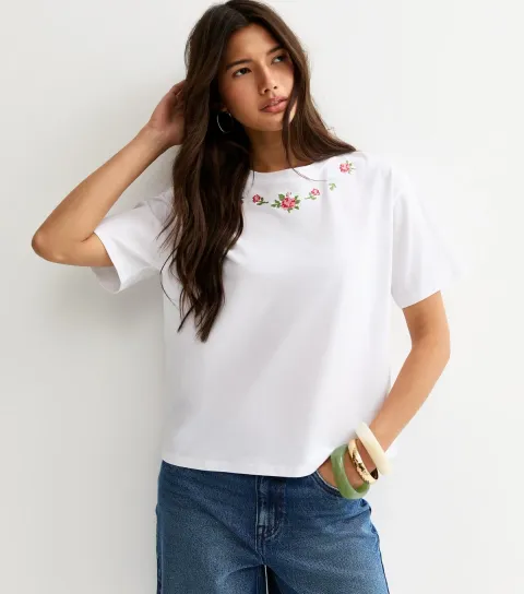 Women's White Floral Cross Stitch Embroidered Boxy T-Shirt