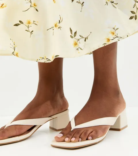 Women's Off White Faux Leather Toe Post Block Heel Sandals Vegan