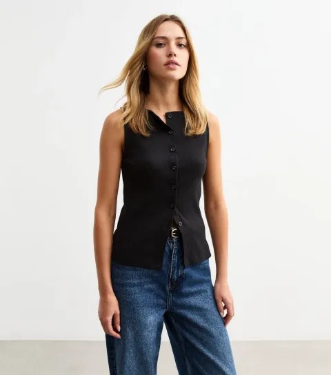 Women's Black Rib Button Through Tank Top