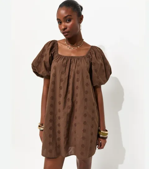 New Look Women's Dark Brown Cotton Puff Sleeve Smock Mini Dress