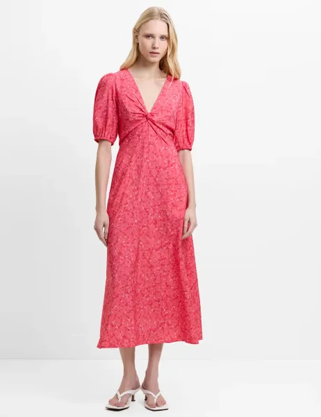 French Connection Ditsy Floral V-Neck Midi Tea Dress Pink Mix