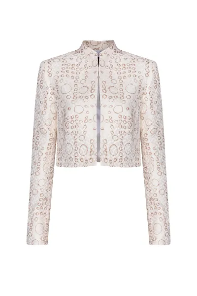Ivory/Coffee Printed Short Jacket in Silk/Wool Matelassé - Hermione