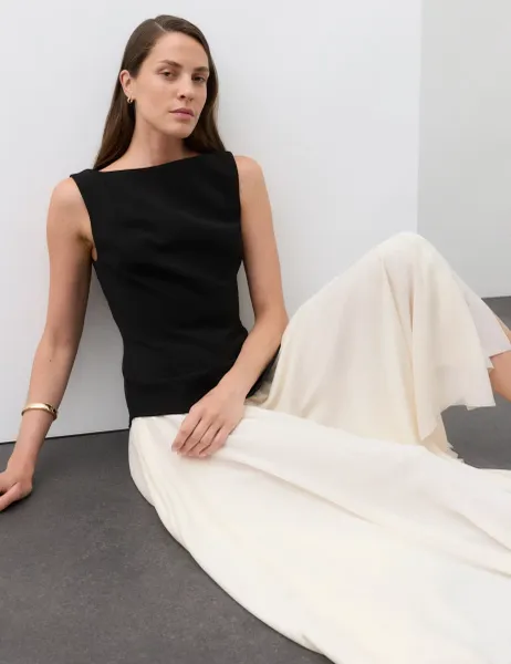 Wool Blend Colour Block Midaxi Dress Black