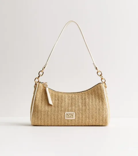 Stone Woven Raffia Look Shoulder Bag