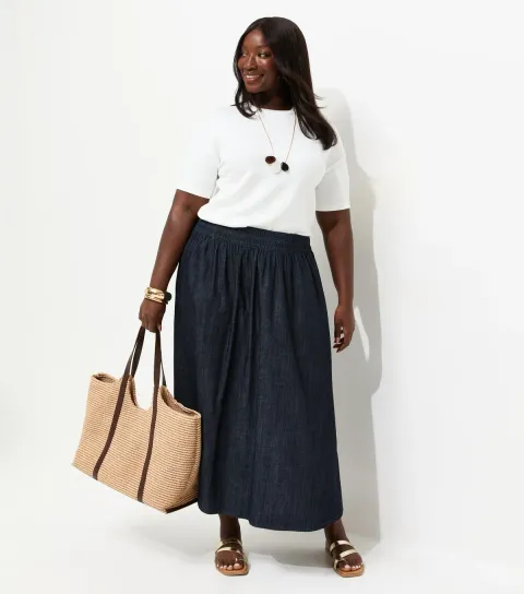 Women's Plus Size Indigo Wash Shirred Midi Skirt Curves