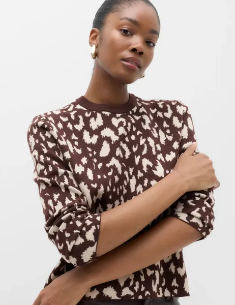 Marks & Spencer Animal Print Crew Neck Relaxed Jumper with Wool Brown Mix