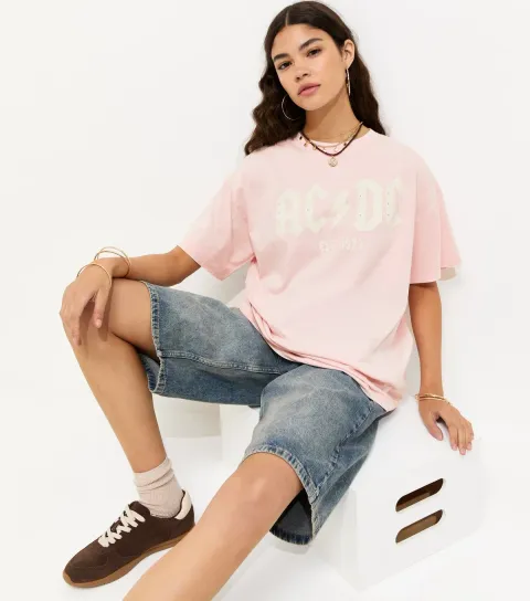 Women's Pink ACDC Print Embellished Oversized T-Shirt