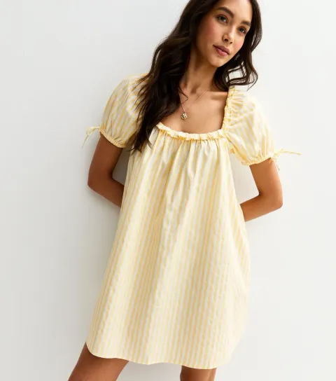 Women's Yellow Stripe Print Frill Trim Square Neck Poplin Mini Dress