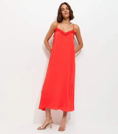 New Look Women's Dark Coral Frilly Trim Strappy Midi Dress