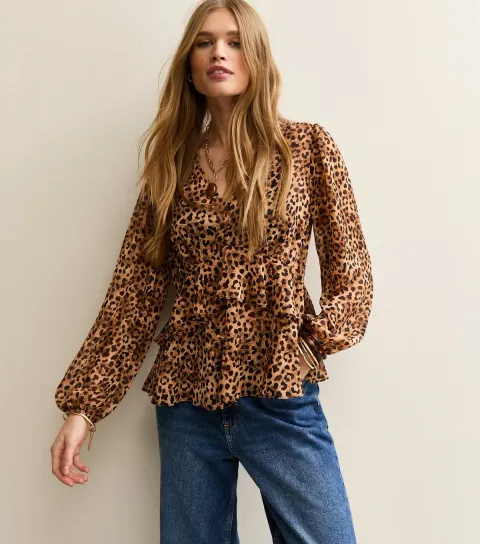 Women's Brown Animal Print V Neck Chiffon Tea Blouse