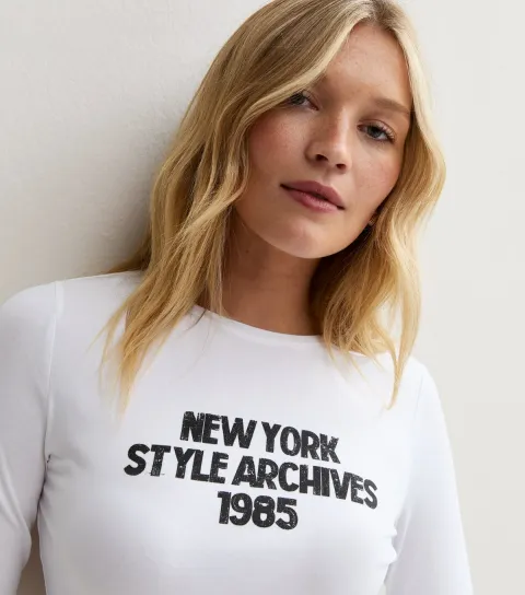 New Look Women's White Cotton NYC Logo Long Sleeve T-Shirt