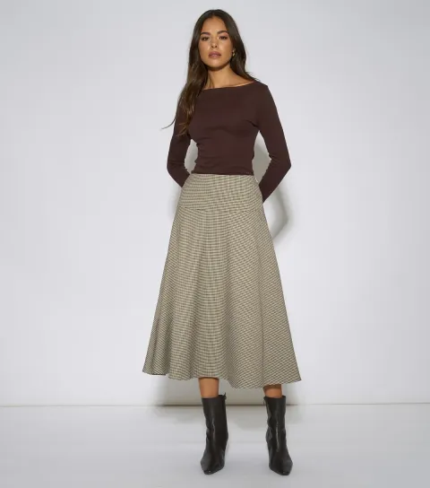 Gini London Women's Light Brown Dog Tooth A-Line Midi Skirt