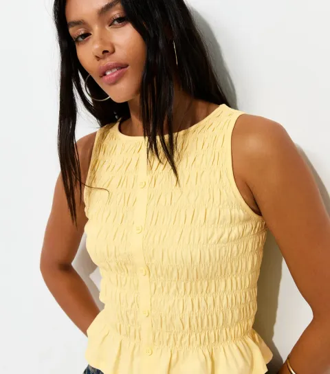 Women's Light Yellow Cotton Faux Button Shirred Flared Hem Top