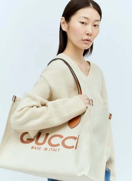 Large Logo Print Canvas Tote Bag