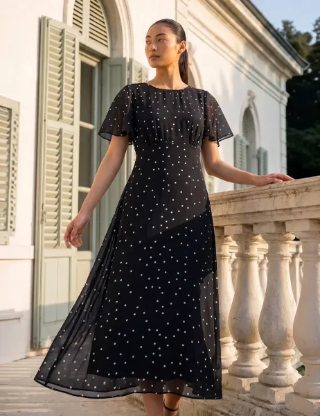 Roman Petite Spot Print Chiffon Midi Dress Black Mix