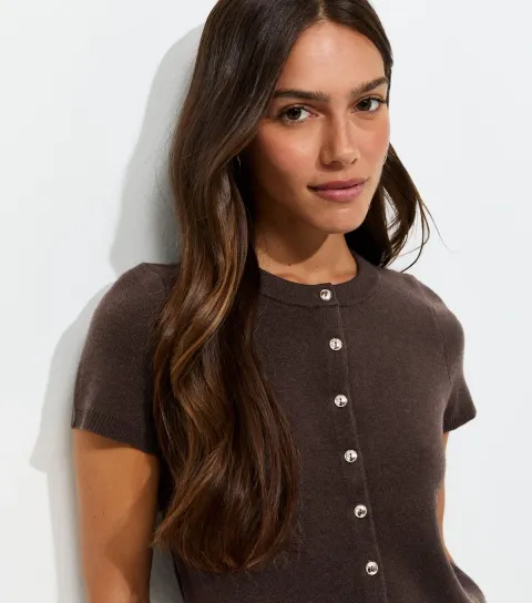 Women's Petite Dark Brown Compact Knit Cap Sleeve Cardigan