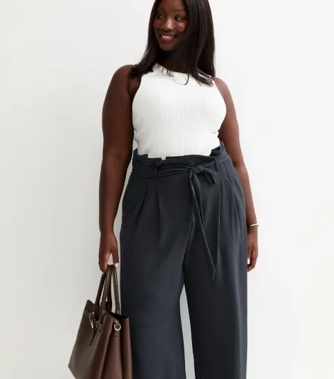 Women's Plus Size Navy Paperbag Waist Wide Leg Trousers Curves