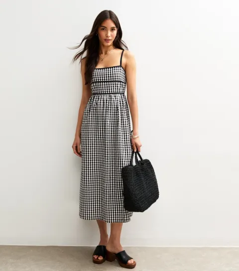 Women's Black Gingham Check Strappy Midi Dress