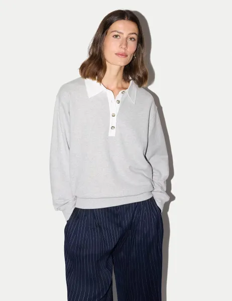 Jigsaw Pure Cotton Collared Relaxed Sweatshirt Grey