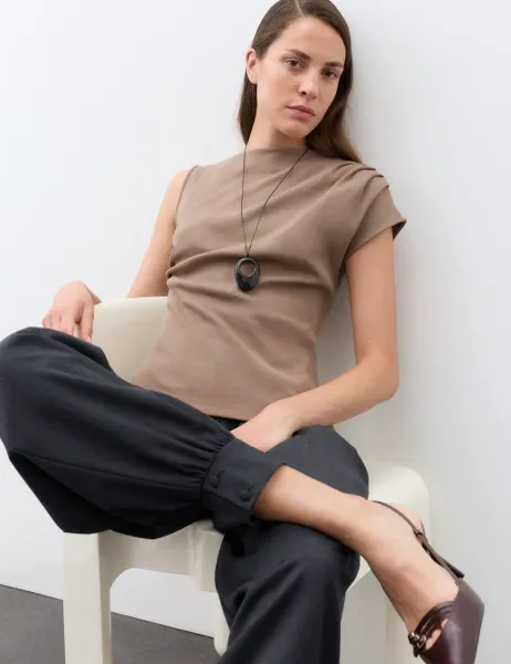 Autograph Pure Cotton Ruched Asymmetrical Top Cappuccino