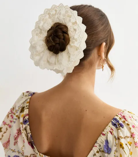 Cream Oversized Broderie Anglaise Frilly Scrunchie