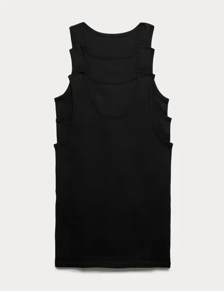 Marks & Spencer 3 Pack Pure Cotton Sleeveless Vests Black