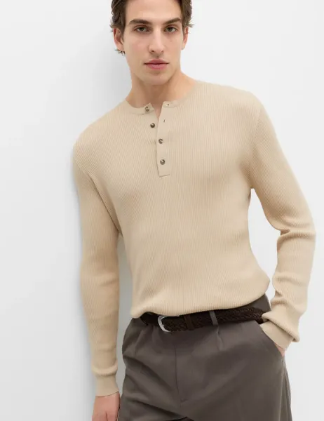 Marks & Spencer Cotton Blend Smart Henley Jumper Beige