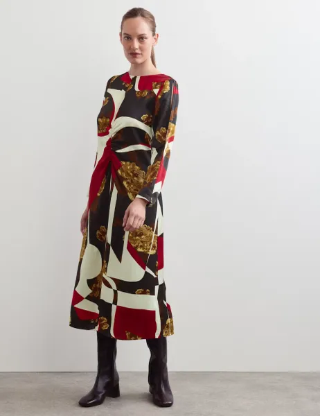 Jaeger Floral Round Neck Midi Column Dress Red Mix