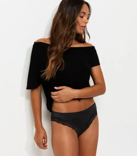 Women's Black Satin Look Micro Lace Brazilian Briefs