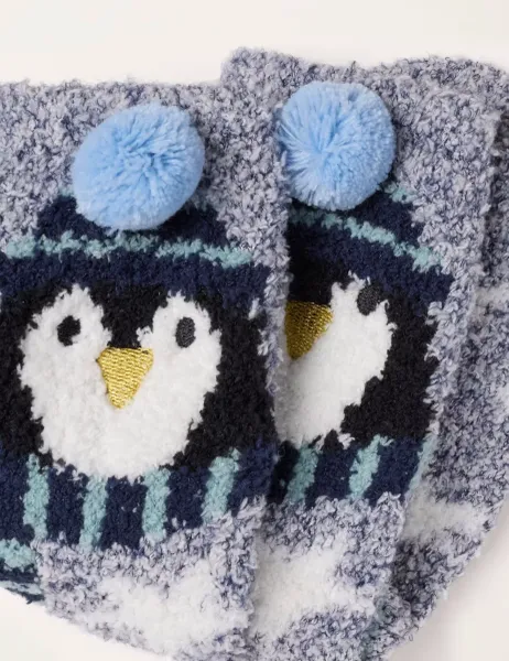 FatFace Penguin Fluffy Socks Blue Mix