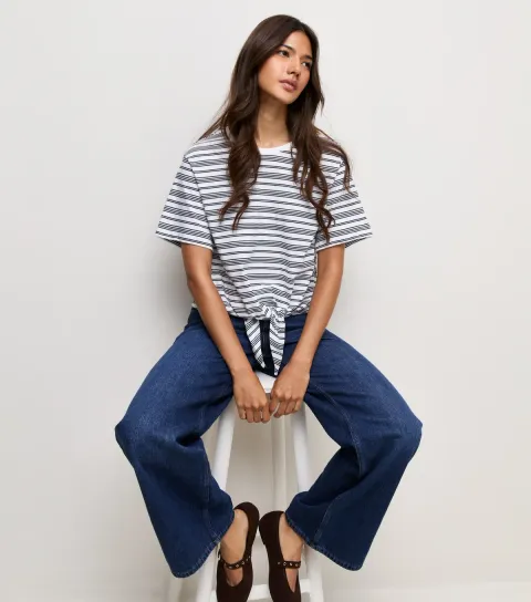 Women's Blue Cotton Horizontal Stripe Tie Front T-Shirt